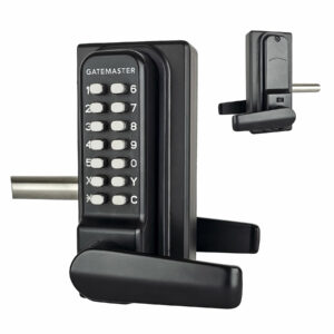 front and back of quick change code keypad locks with handle and auto latching latchbolt