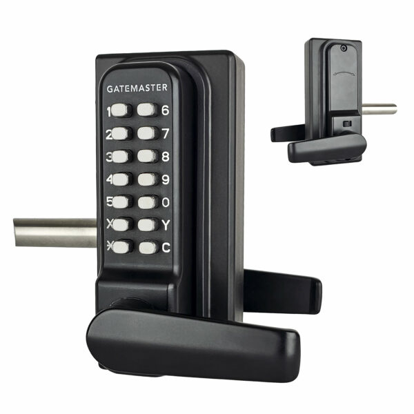 front and back of quick change code keypad locks with handle and auto latching latchbolt