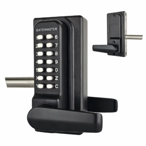 black gate lock with mechanical keypad and handle on the top right hand corner is the back image of the product (same thing)