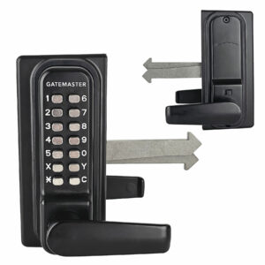 Sliding gate lock, single sided code lock