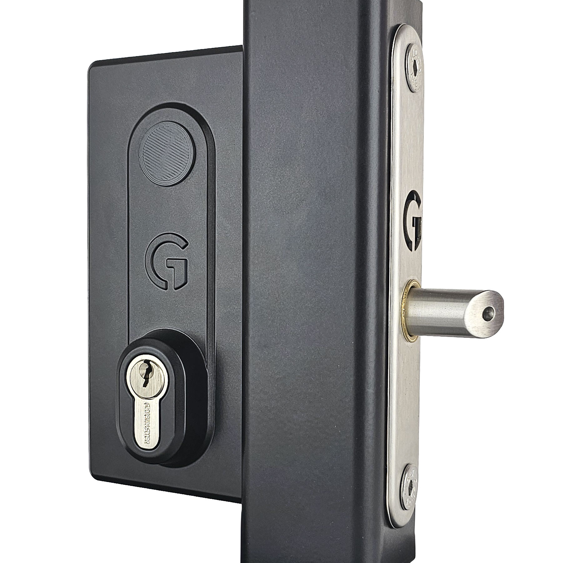 black keylatch gate lock with key hole shown bolted onto a black metal frame
