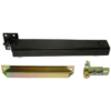Disassembled gate closer with three parts showing. Top: black closing mechanism. Bottom: suitable rail and wheels