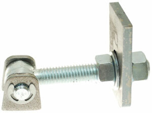 180 degree hinge with threaded bolt and bearing attached to a metal plate on the right