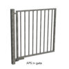 Grey metal gate with hydraulic gate closer on bottom and pivoting top hinge. Text below: "APS in gate"