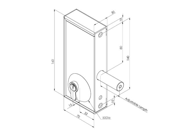 dimensional drawing of bolt on deadlock with key acces