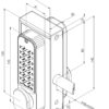 Technical drawing of double sided keypad lock with latch and thumbturn handles