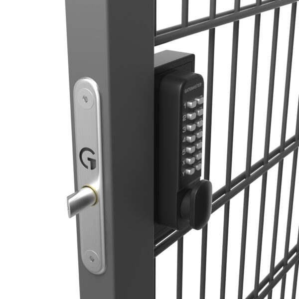 Side view of metal gate lock with keypad access. latch and front plate visible