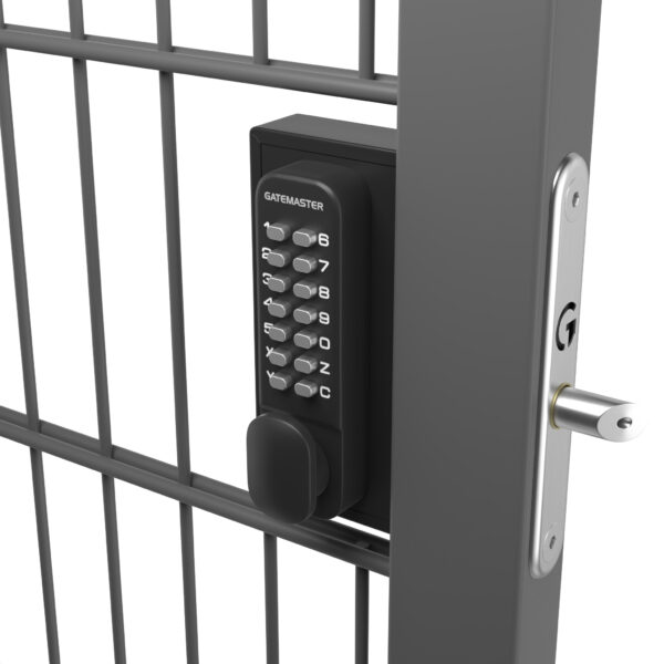 Digital keypad lock installed in grey metal gate with latch going through gate frame on right