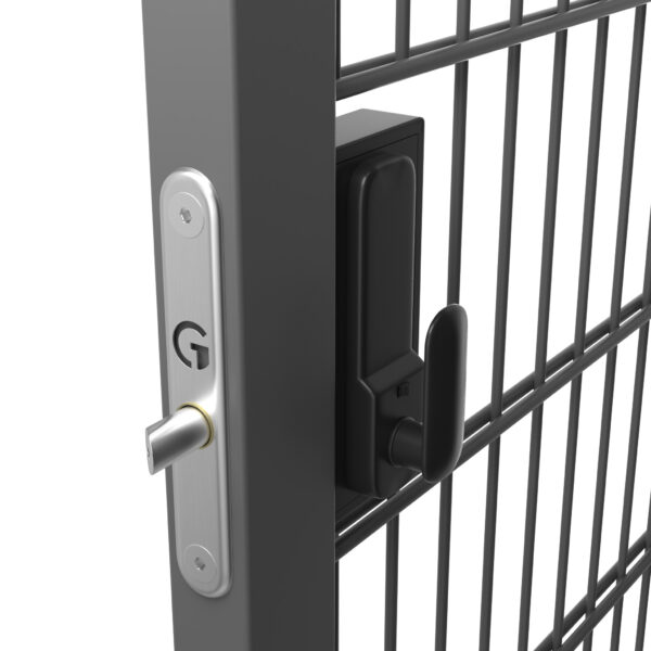 Bolt on keyless keypad lock with rear lever handle installed in a mesh gate