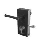 Outdoor gate latch deadlock with handles and key cylinder. Latching deadbolt sticking out of right hand side