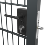 Superlock latch deadlock with modern handles installed in grey metal gate with thin metal bars