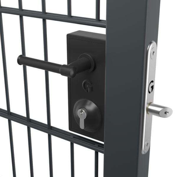 Superlock latch deadlock with modern handles installed in grey metal gate with thin metal bars