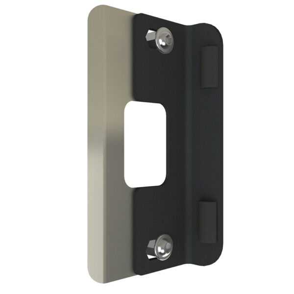 Steel keep plate with angled end and rubber coating with end stops