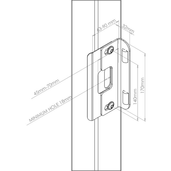 Technical drawing of gapless lock keep installed on box section with expanding fasteners
