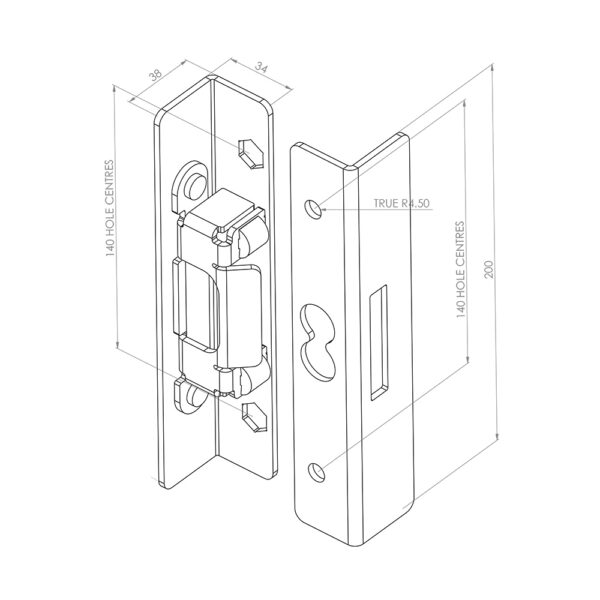 Technical drawing of secure lock keep. Shows two parts; one with internal rubber stop and one with holes for latch