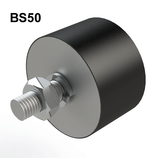 Large rubber bumb stop attached to threaded bolt with one nut on. Text above: "BS50"
