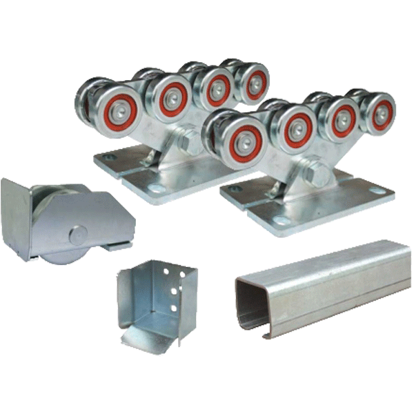 Cantilever gate kit. Shows two gate track wheels (with four rollers), end stop, track and roller guide