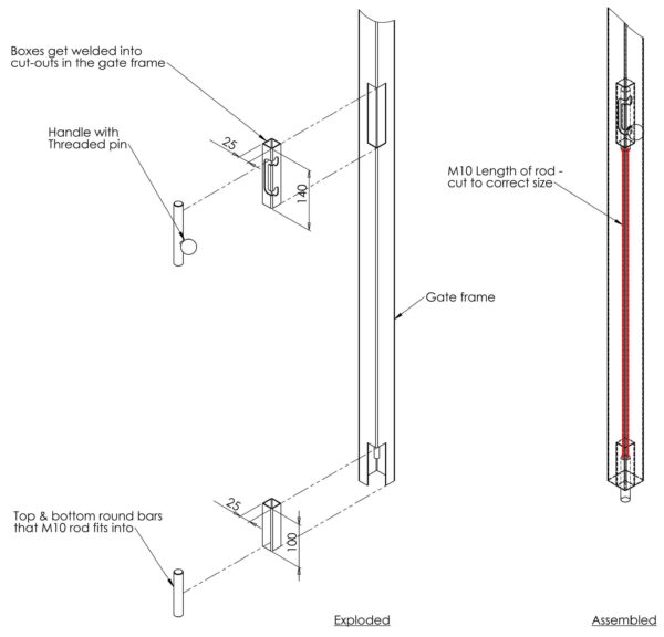 Installation drawing for concealed vertical dropbolt showing its position within the metal box section