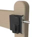 Surface fixed gate lock with thumbturn handle installed on exterior wooden gate for campsites