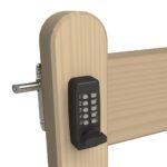 Wooden gate fitted with a screw-fixed digital keypad lock and thumbturn