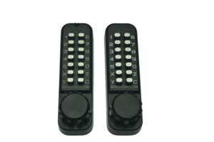 Two black keypads side by side with round knobs for opening. 14 buttons with numbers 0-9 and letters X, Y, Z and C