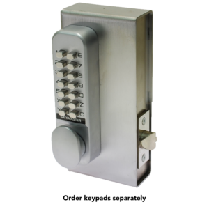 Silver metal digital keypad attached to rectangular weldable steel lock case for digital locks. Text below: "Order keypads separately"