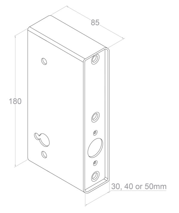 Technical drawing of weldable steel lock case. Text at bottom right corner: "30, 40 or 50mm"