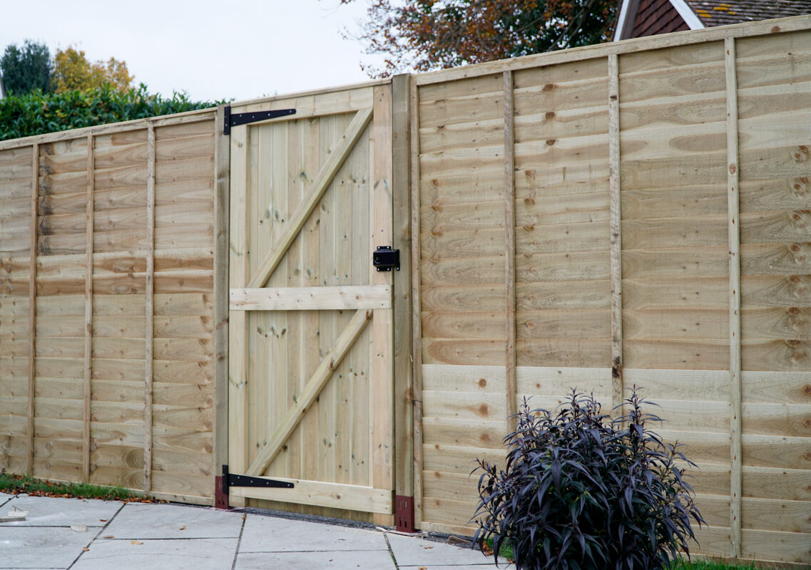 softwood timber panel fencing and gate in garden