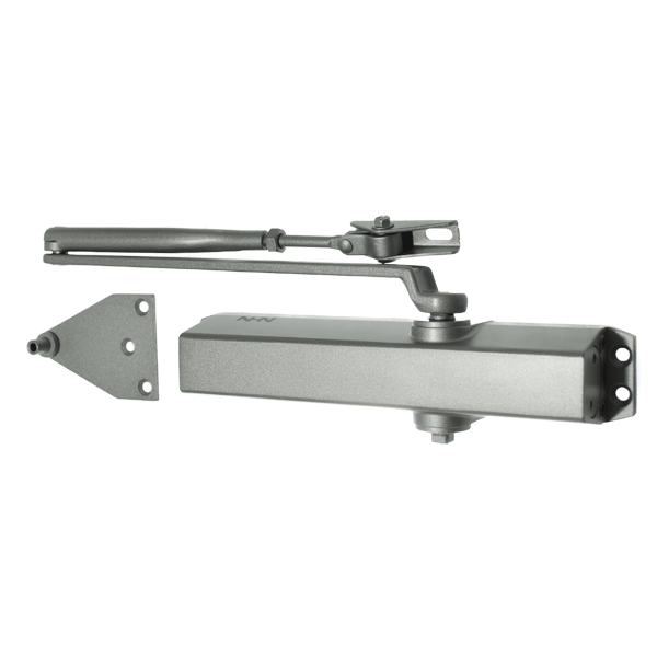 Automatic door closer with closing mechanism attached to closing arm above it. On left side, a fixing bracket with three fixing holes