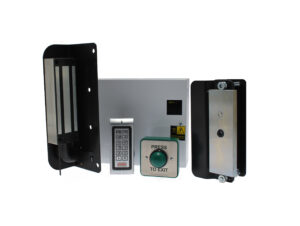 gate maglock kit including maglock, digital keypad, exit button, power supply and armature plate.