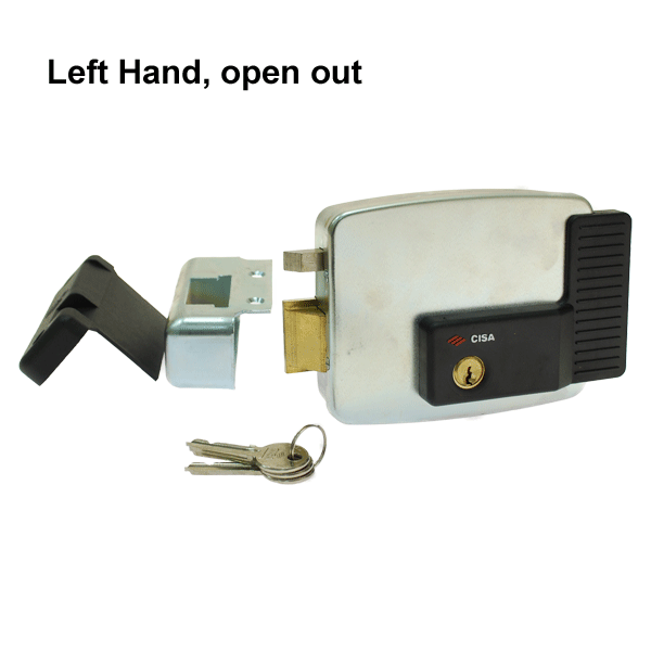 Electric gate lock with keep and set of three keys in front. Text above to left: "Left hand, open out"