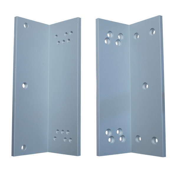 Two brackets for electro-mag locks. Both have 90 degree angle and holes for fixing with screws