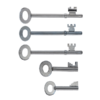 Five silver metal fire brigade keys above one another