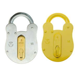 Fire brigade level padlock showing front and back of the lock