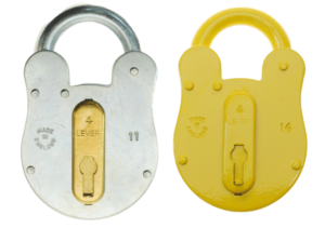 Fire brigade level padlock showing front and back of the lock