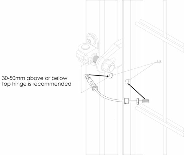 Installation instruction for gate restrainer gate tether showing detailed gate. Text reading: "30-50mm above or below top hinge is recommended"