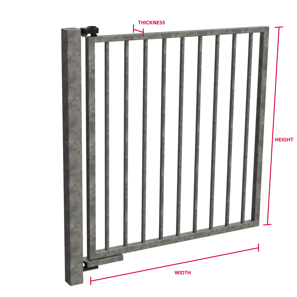 Metal gate with text outlining width, height and thickness of the gate