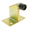 Floor mounted gate stop with rubber bum stop on end. Plate has three visible holes for fixing bolts
