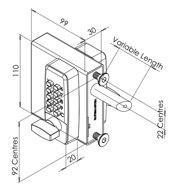 Technical drawing of double sided digital keypad lock