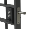 Keypad access lock with thumbturn and 10 button keypad installed in metal bar gate. Latch sticking out of right side of gate