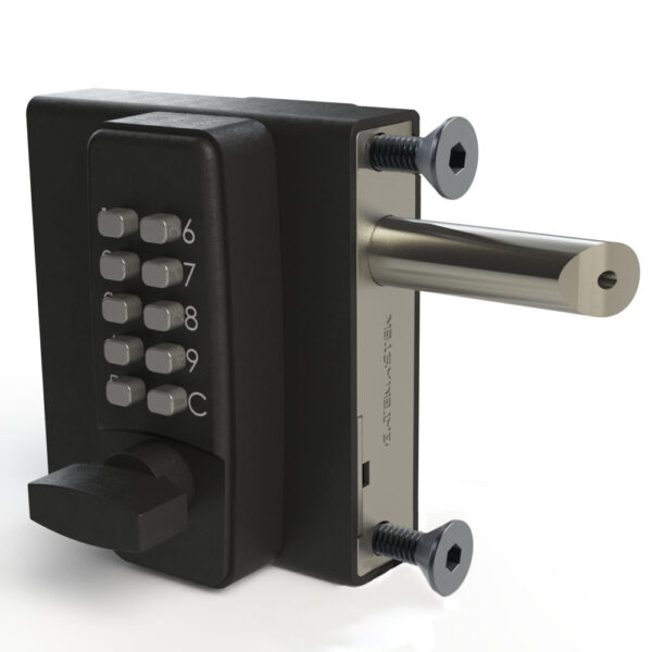 Bolt on gate lock with 10 button keypad with thumbturn at front and latch and two fixing bolts sticking out of right hand side