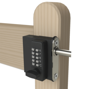 10-buttom keypad lock with thumbturn handle and long throw latch secured to wooden garden gate