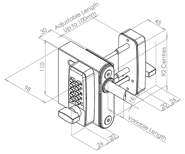 Technical drawing of single-sided keyless access lock for wooden gates