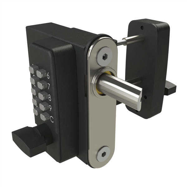 View of double-sided mechanical keypad lock for surface fixing. Keypad and latch on left side attached to other keypad with metal spindles