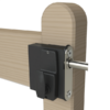 Garden gate lock with thumbturn handle and long throw latch. Lock is fixed to inside of wooden gate