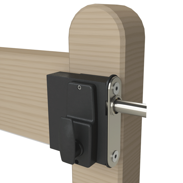 Garden gate lock with thumbturn handle and long throw latch. Lock is fixed to inside of wooden gate