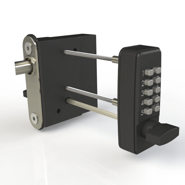 Gatemaster surface-fixed digital gatelock for timber gates. Single sided keypad visible with 10 buttons and thumbturn handle