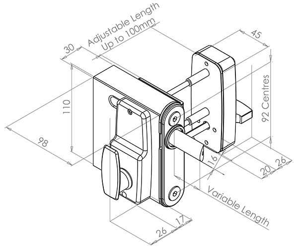 Technical drawing of Gatemaster single-sided digital gatelock for timber garden gates