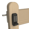 Timber garden gate with surface fixed keyless lock installed on side. Keypad has 10 buttons (0-9 and C button). Latch visible on back of gate