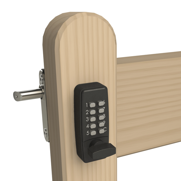 Timber garden gate with surface fixed keyless lock installed on side. Keypad has 10 buttons (0-9 and C button). Latch visible on back of gate